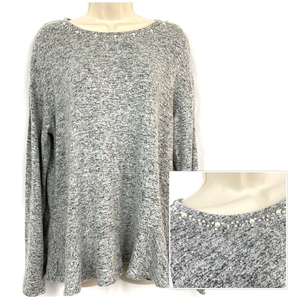 The Limited Sweater Womens Medium Pearl Beaded Gray Swing Peplum Dressy Career